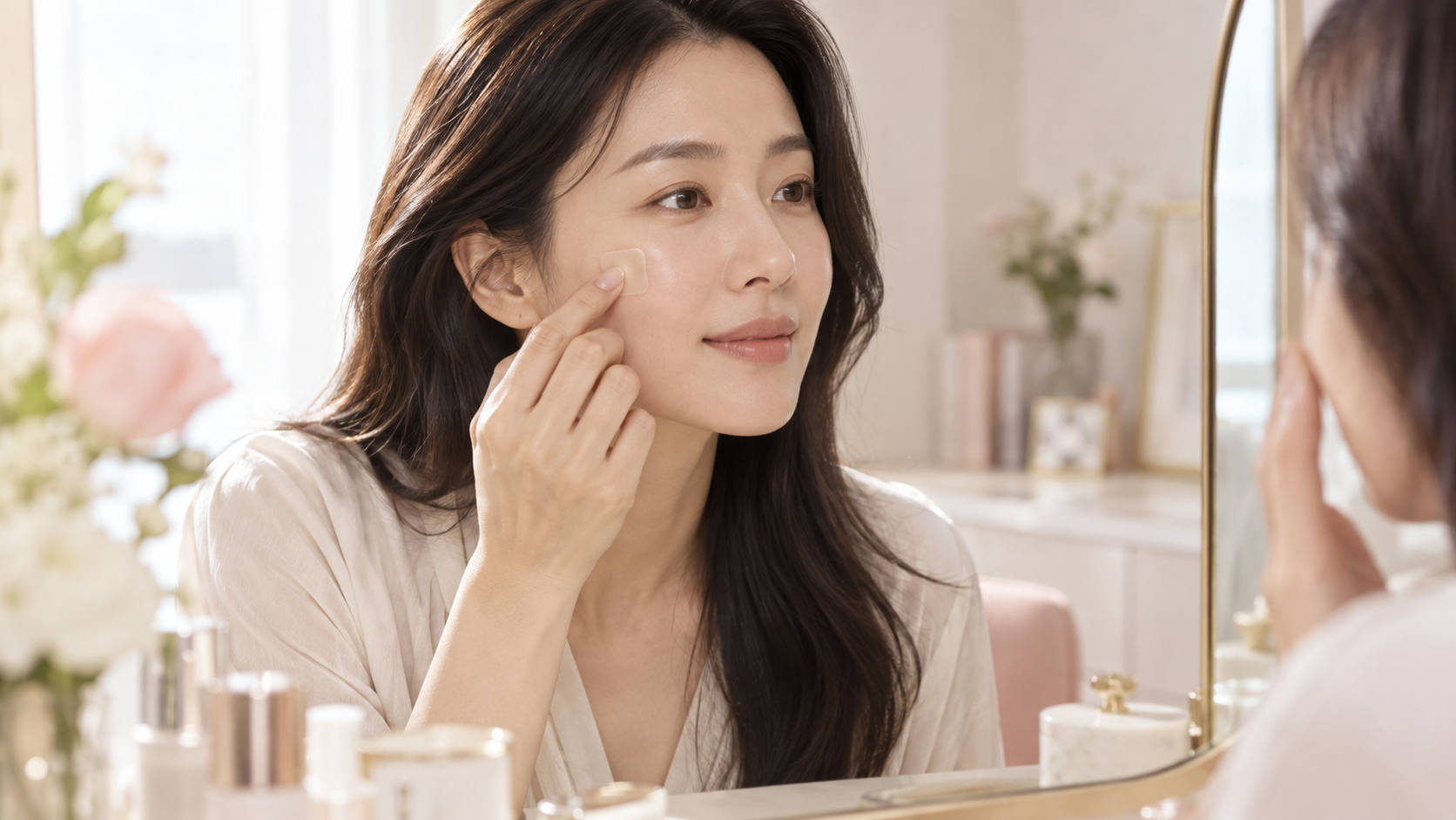 점 제거 후 피부 보호 패치를 차분히 부티는 성인 여성 이미지