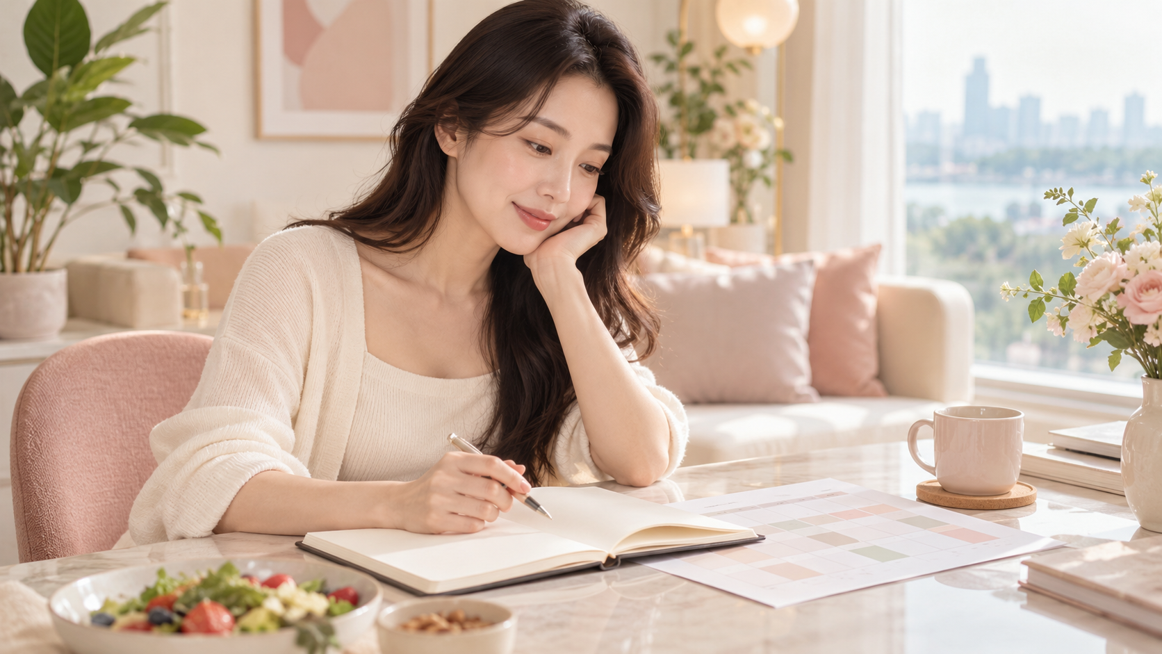 다이어트 상담 전 생활습관을 기록하며 살펴보는 성인 여성 이미지