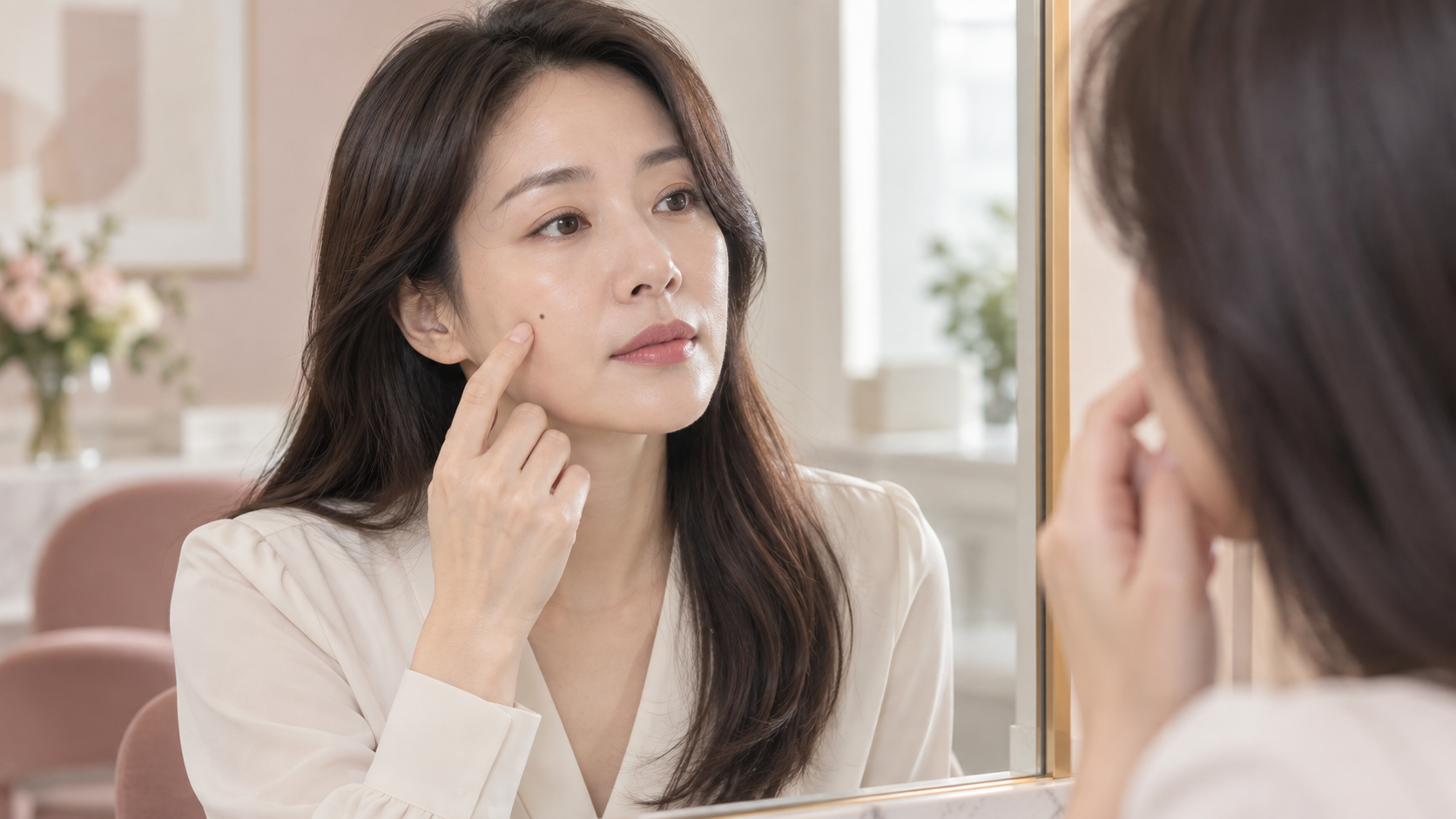 점 제거 상담 전 거울을 보며 피부 상태를 확인하는 성인 여성 이미지